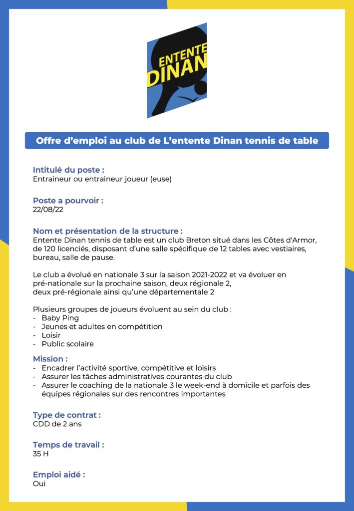 OFFRE D’EMPLOI – Entente Dinan Tennis De Table - Ligue De Bretagne De ...